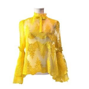 # A086  Nancy  Romantic Yellow Lace Sheer Embroidered Ruffle Top NWT M